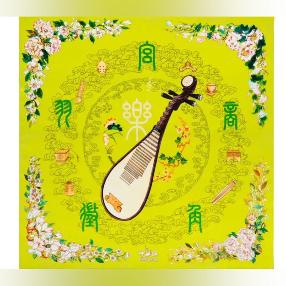 Elegant Green Silk Scarf with Musical Motif